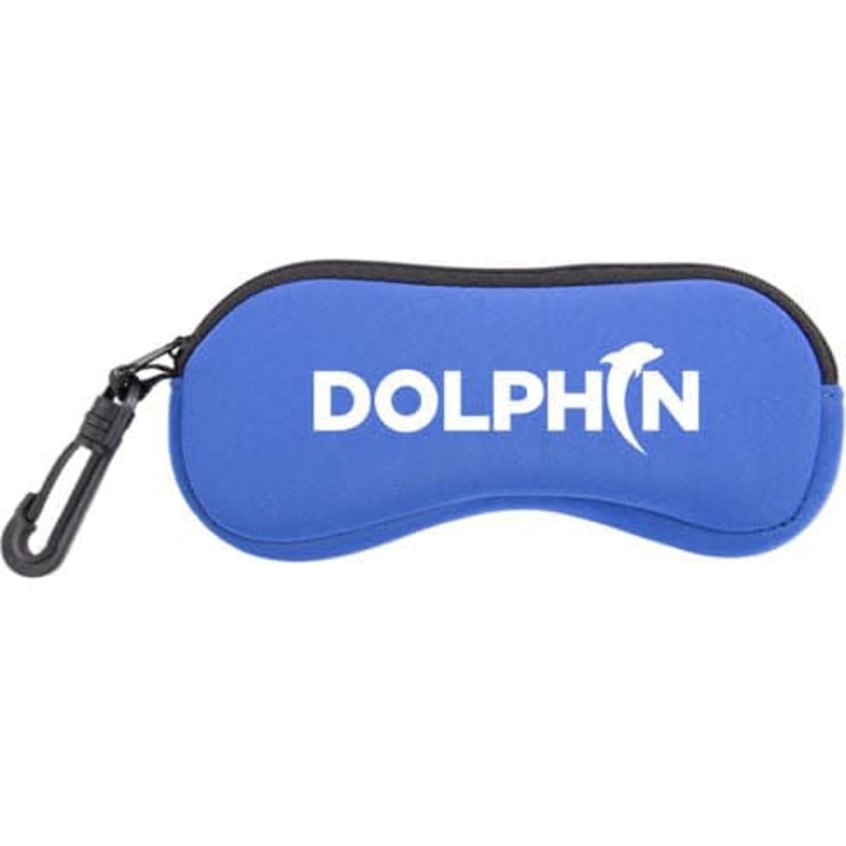 A blue neoprene eyeglasses case with a carabiner and a logo.