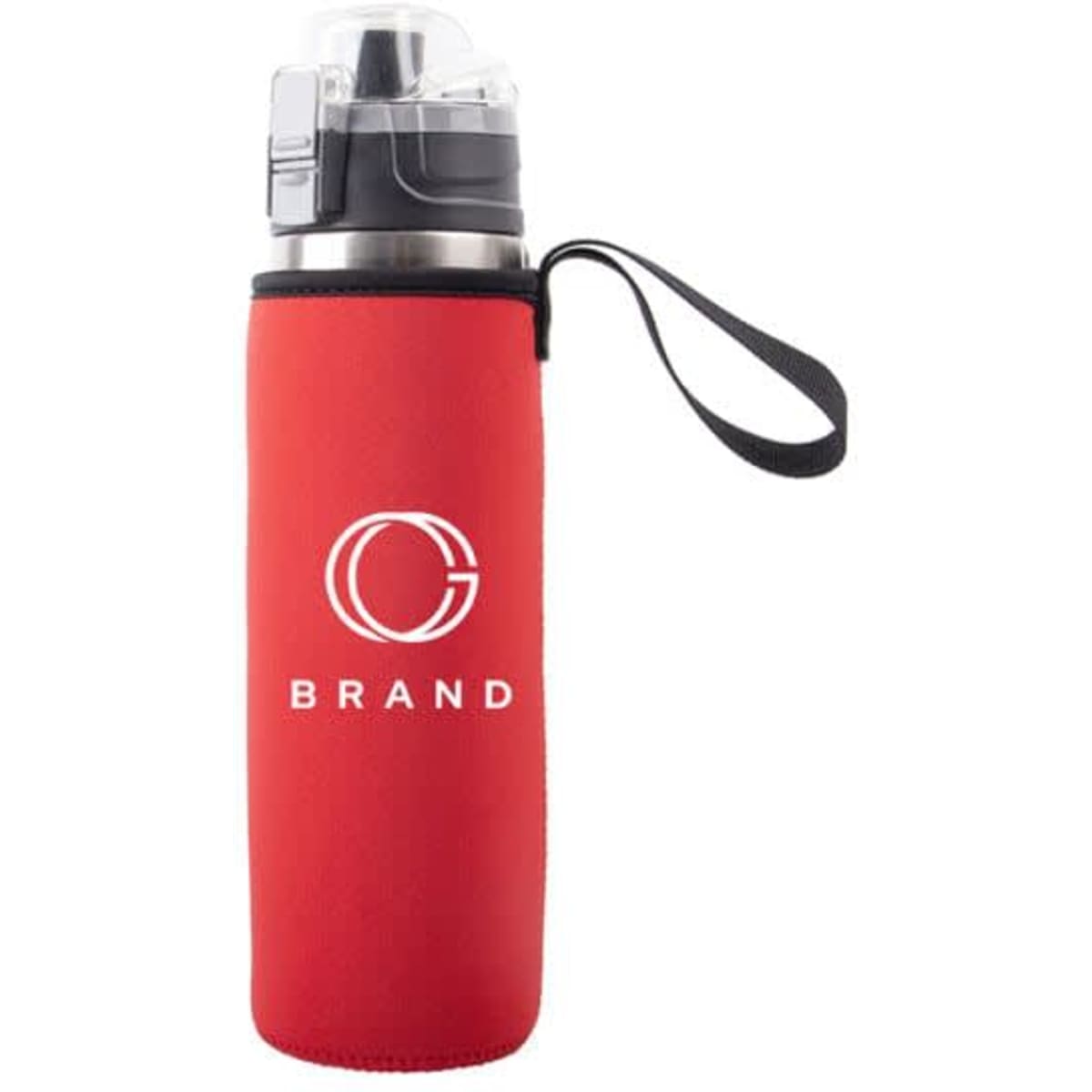 A drink bottle with a red neoprene sleeve and a black strap, featuring a logo on the front.