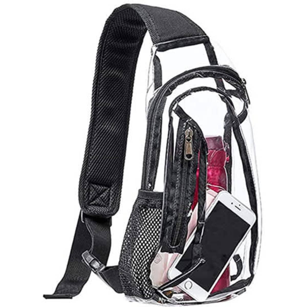 A clear stadium-approved sling bag with a black strap, featuring a mesh side pocket and multiple compartments.