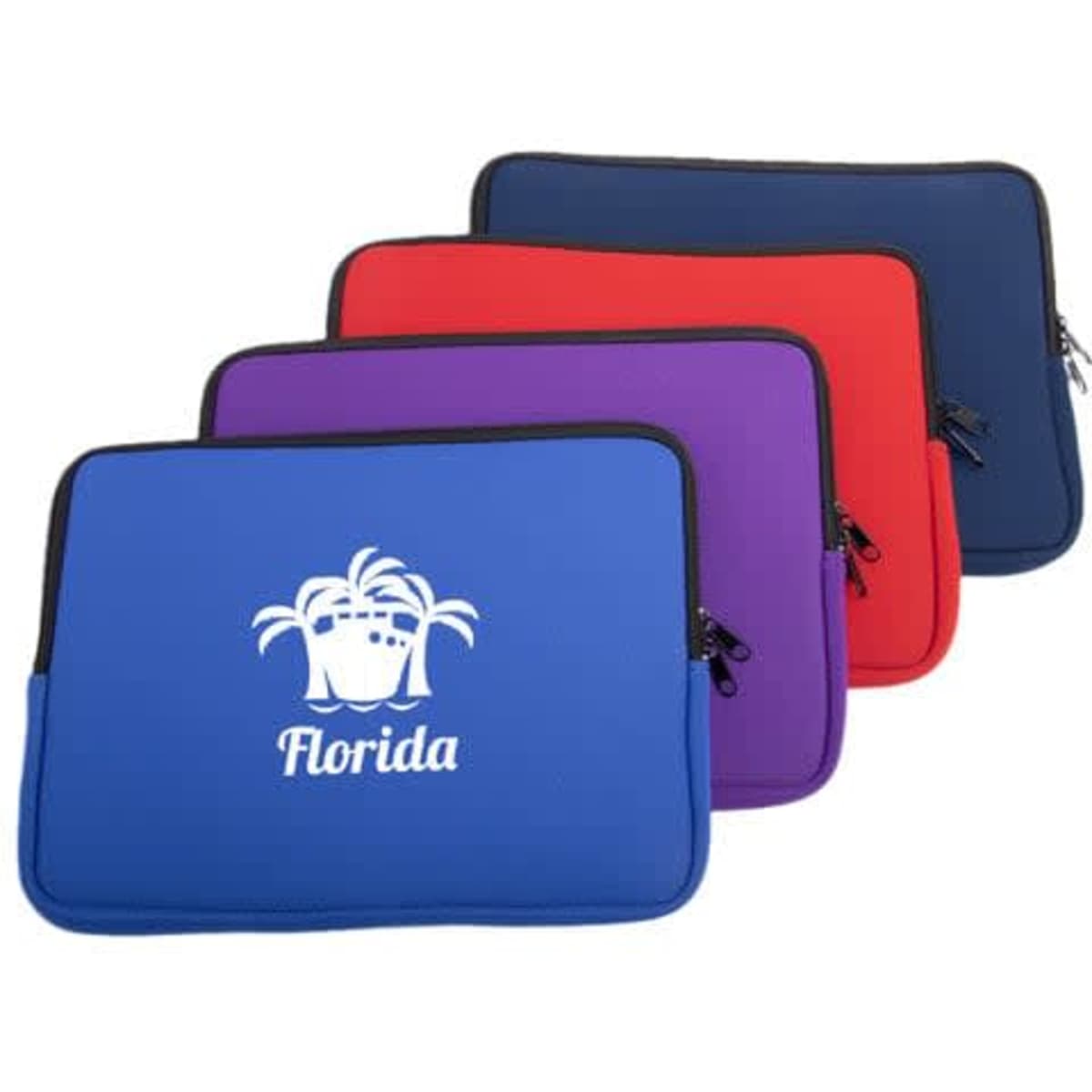 A 10-inch neoprene laptop sleeve case available in blue, purple, red, and black, featuring a logo.