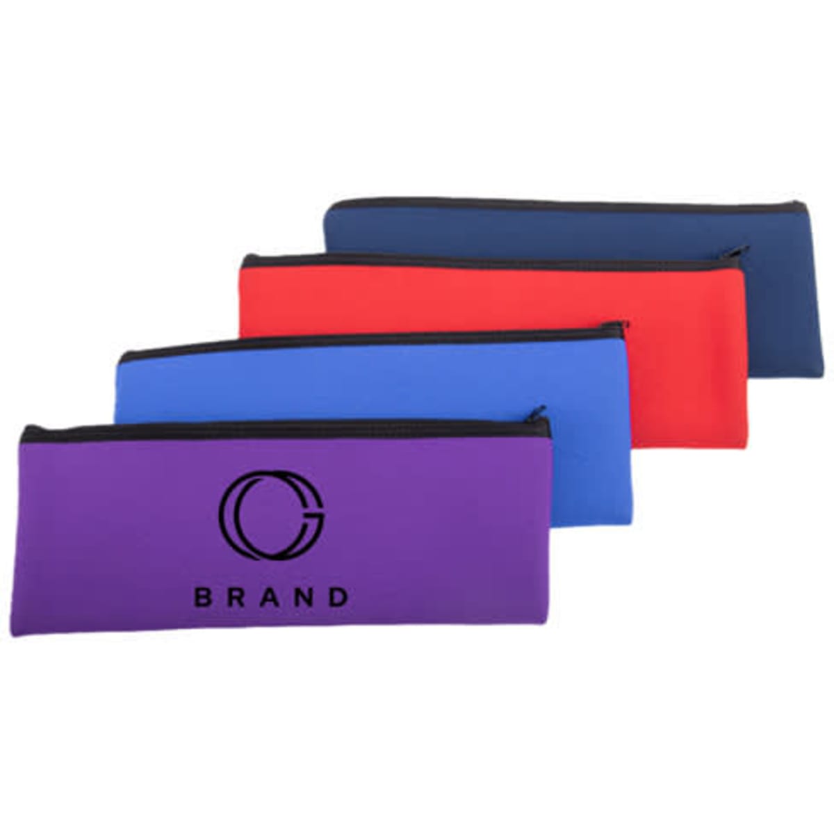 A set of four neoprene zipper pouches in purple, red, blue, and navy, each featuring a logo.