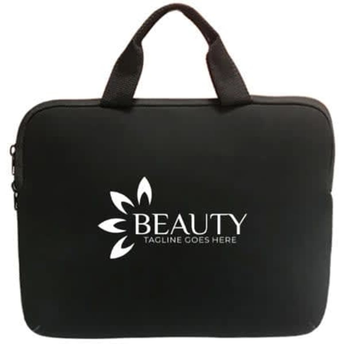 A black neoprene laptop tote bag with short handles and a logo on the front.