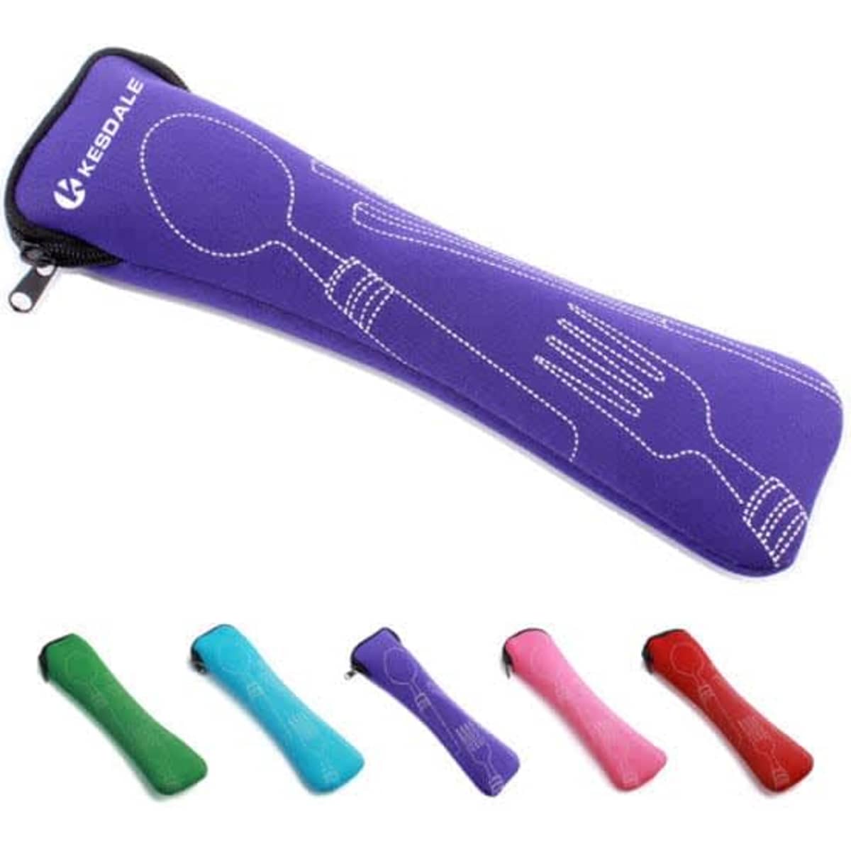 A purple neoprene cutlery pouch with a fork and spoon design, featuring a logo. Available in green, blue, pink, and red.