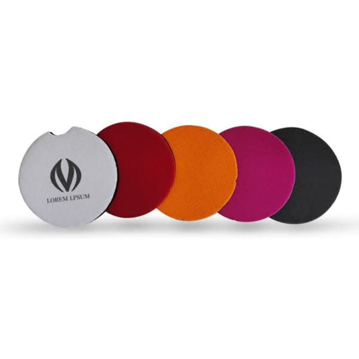 A set of five round neoprene car cup coasters in red, orange, pink, black, and grey, featuring a logo on one coaster.