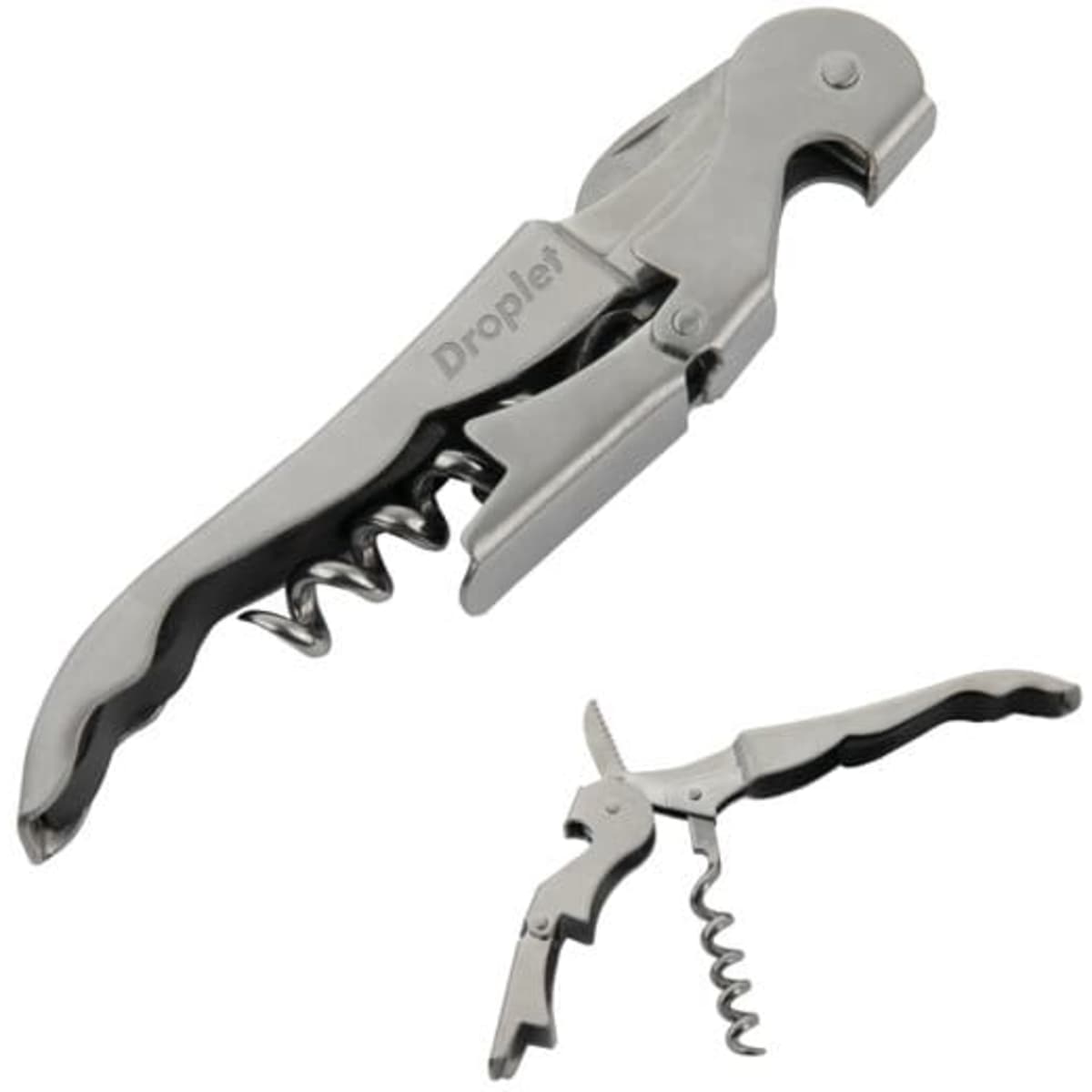 A stainless steel pocket knife with a corkscrew and integrated tools. Features a sleek design and includes branding.