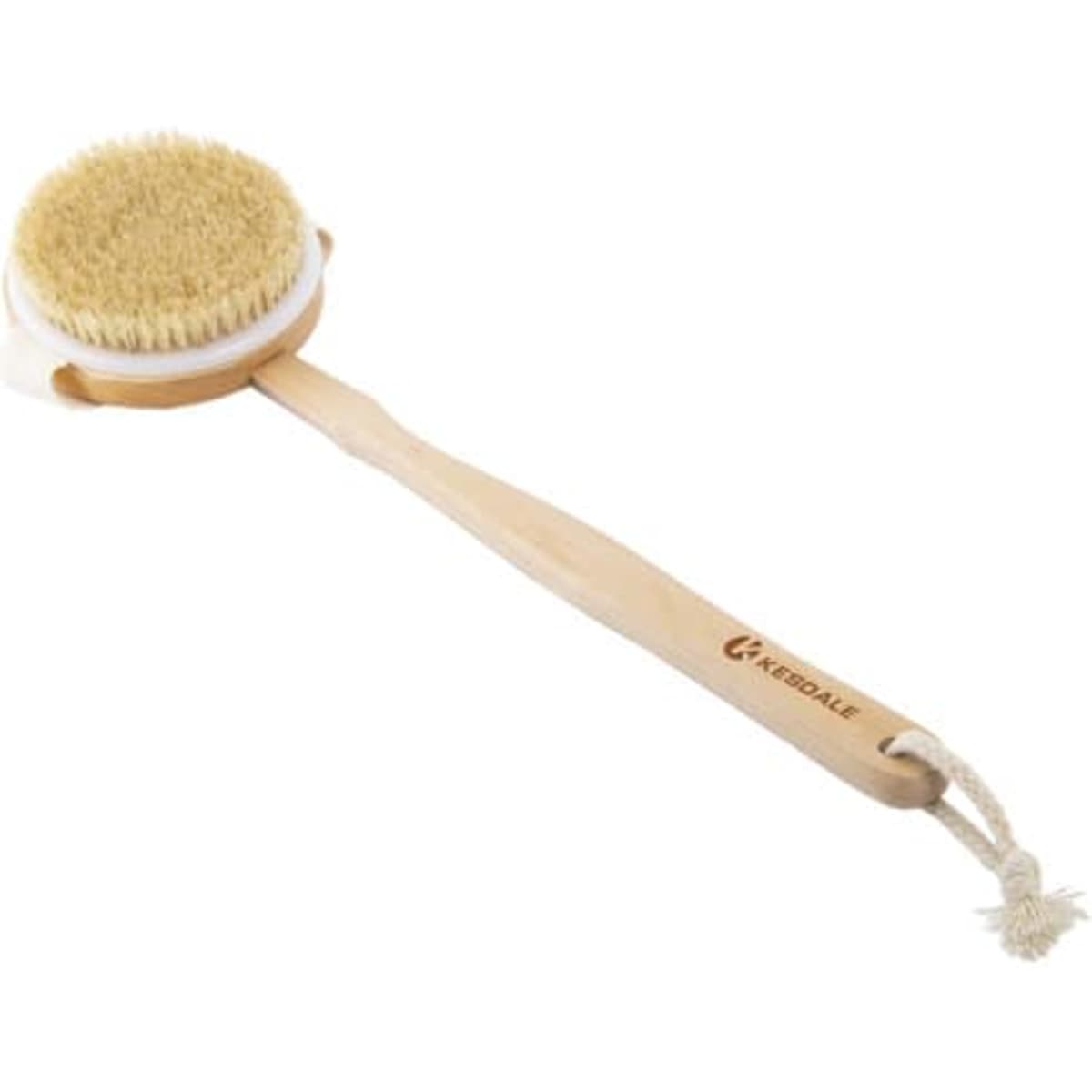 A detachable bristle shower brush with a long wooden handle and a round brush head featuring natural bristles.
