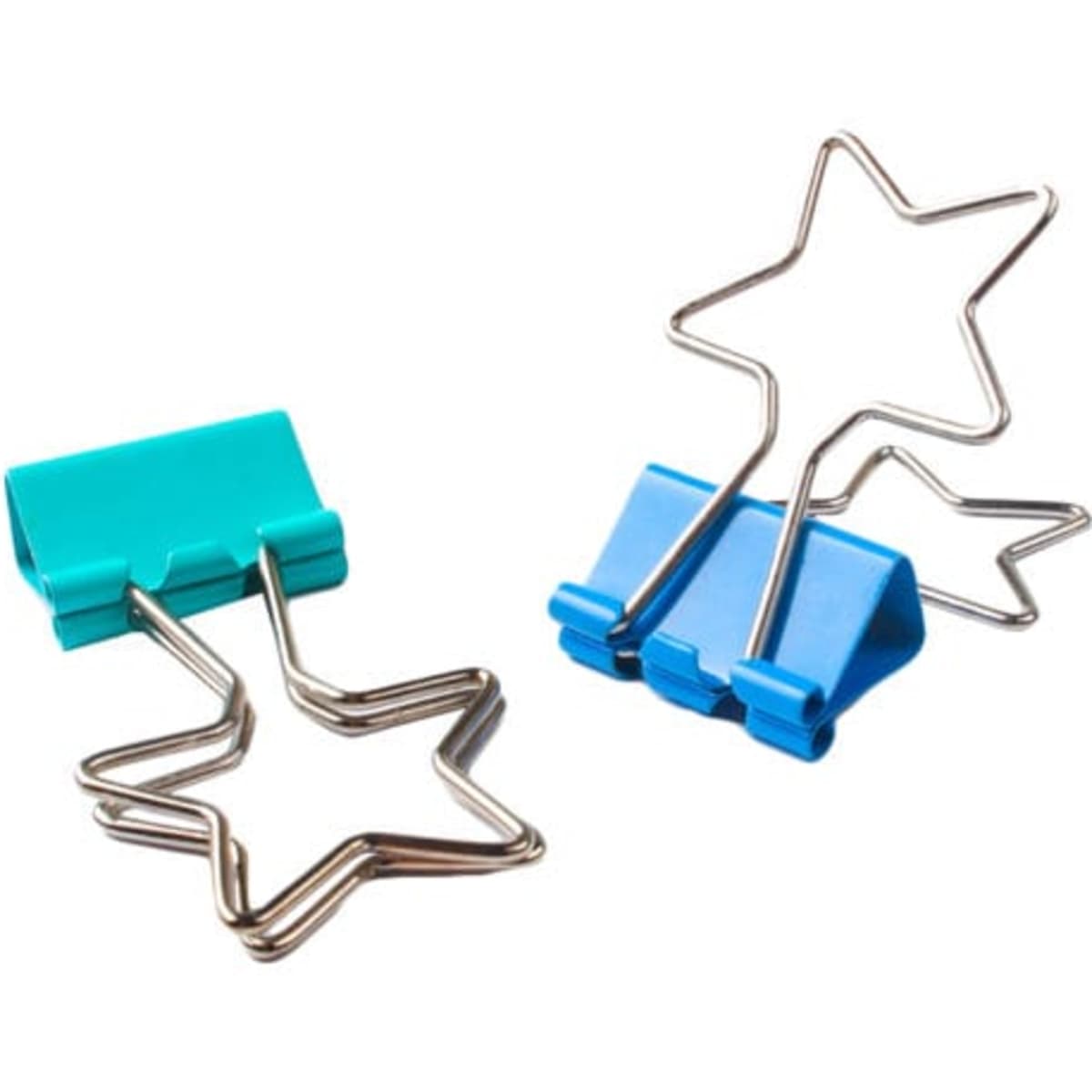Two star-shaped binder clips in teal and blue, featuring a sleek metallic design and a logo on the clip.