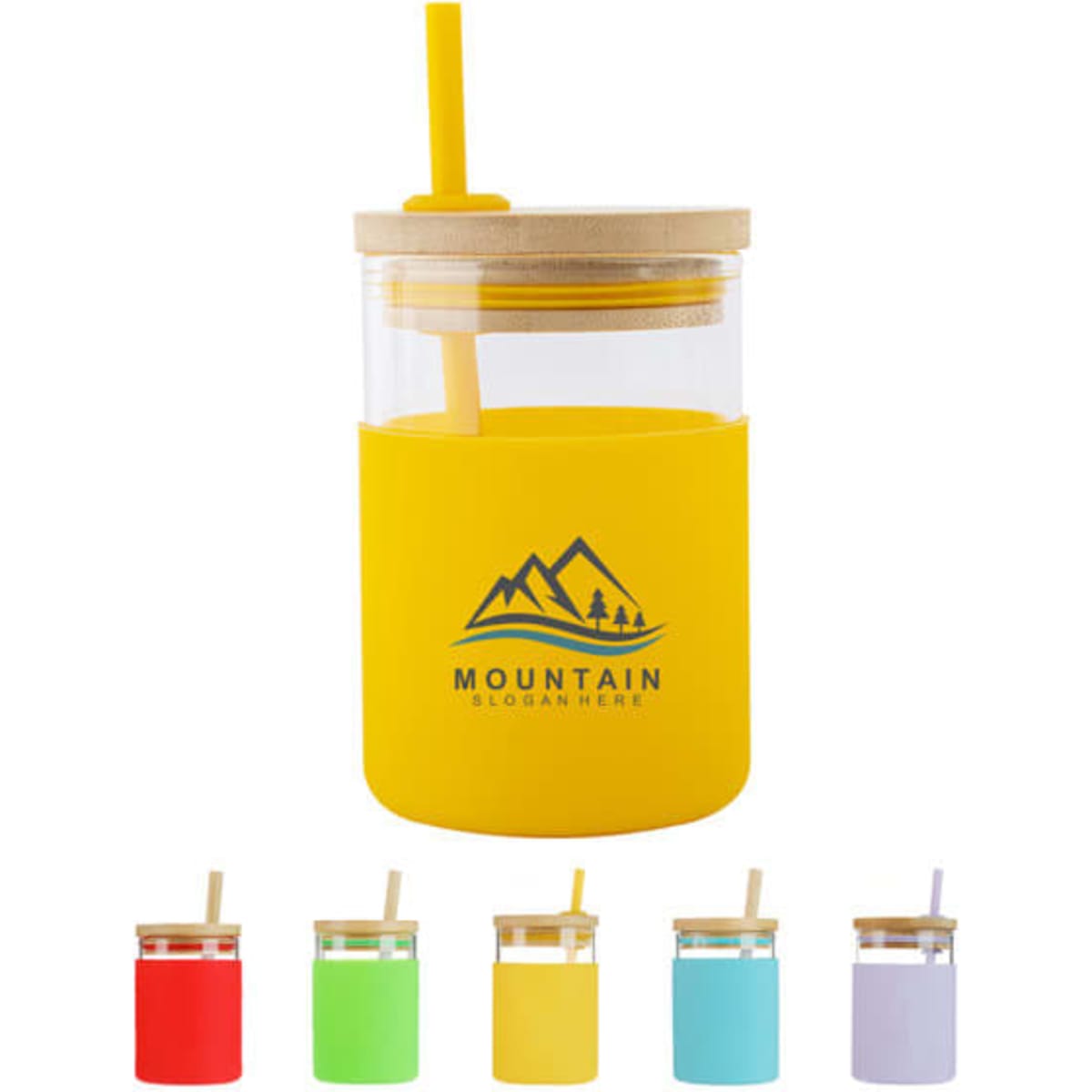A drink bottle featuring a clear glass body, bamboo lid, and a yellow silicone sleeve, with a straw included.
