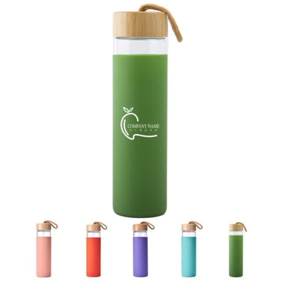 A drink bottle featuring a green glass body with a silicone sleeve, a bamboo cap, and a rope handle.
