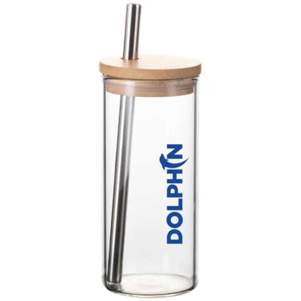 A drink bottle with a clear glass body, silver straw, and a wooden lid featuring a logo.