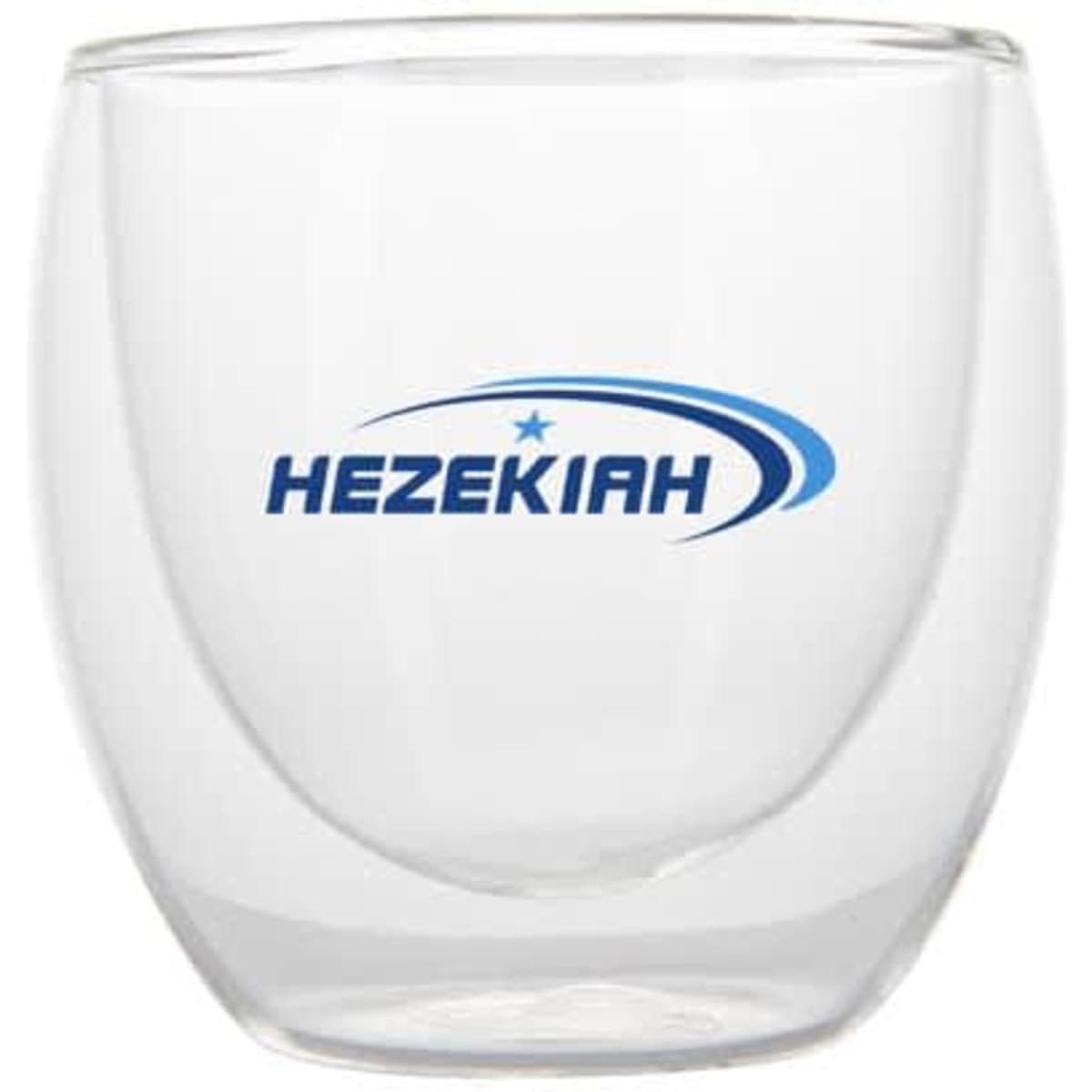 A transparent double layer glass coffee cup with a rounded shape and a logo on the side.