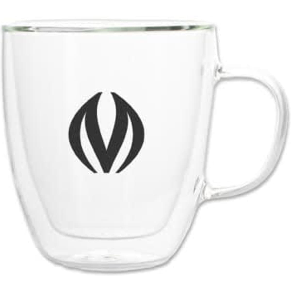 A glass mug with a handle, featuring a transparent design and a logo. Suitable for various beverages.