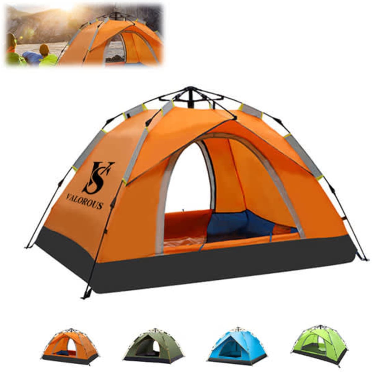 An orange automatic camping tent with a black base and a logo, featuring a spacious interior and mesh openings.