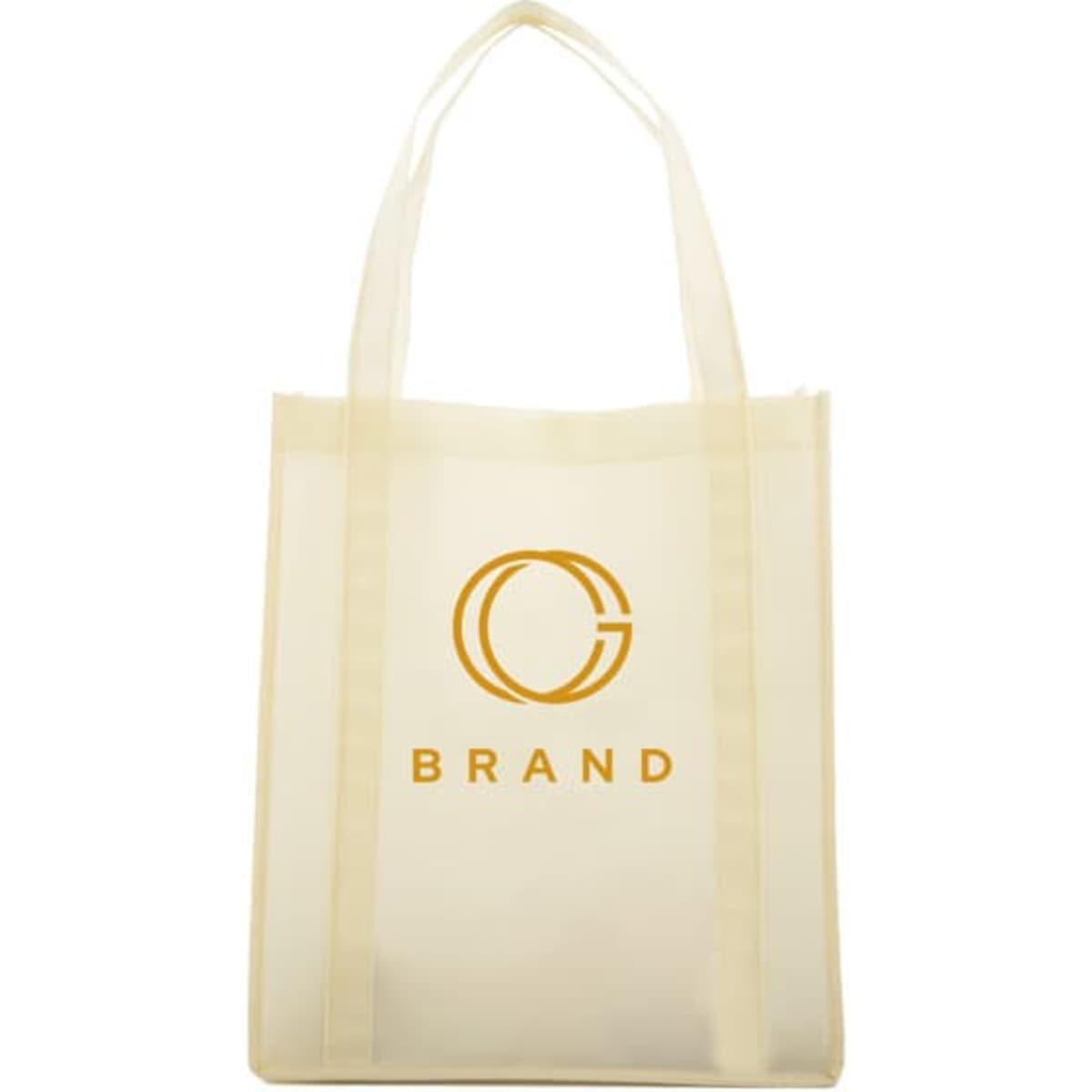A cream-coloured non-woven tote bag with two handles and a logo on the front.