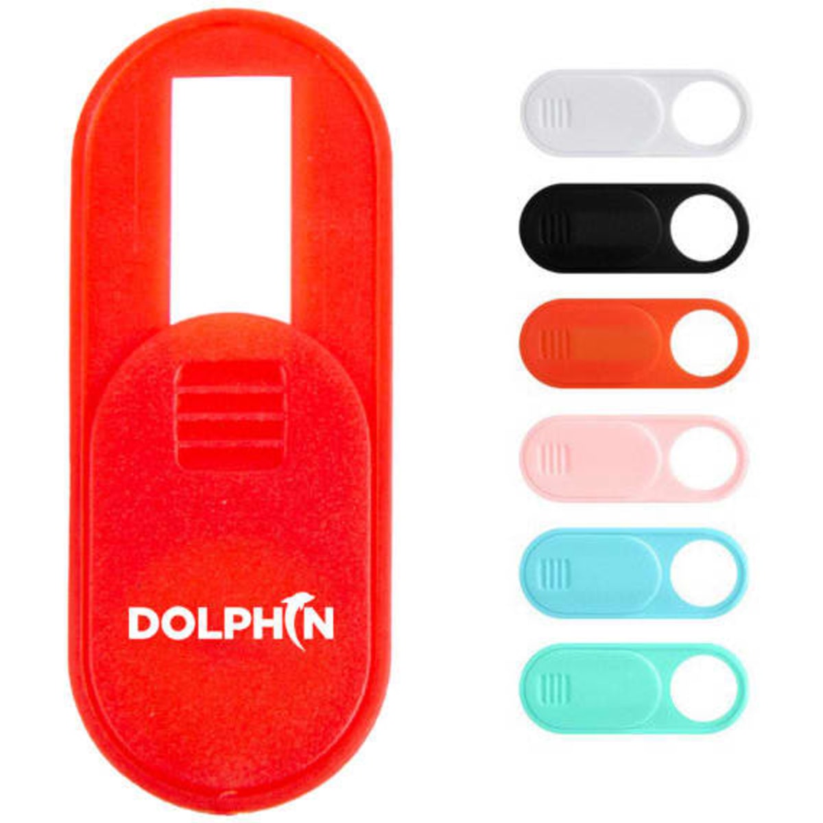 A red custom webcam cover slider with various coloured options including white, black, orange, pink, and teal. It features a logo.