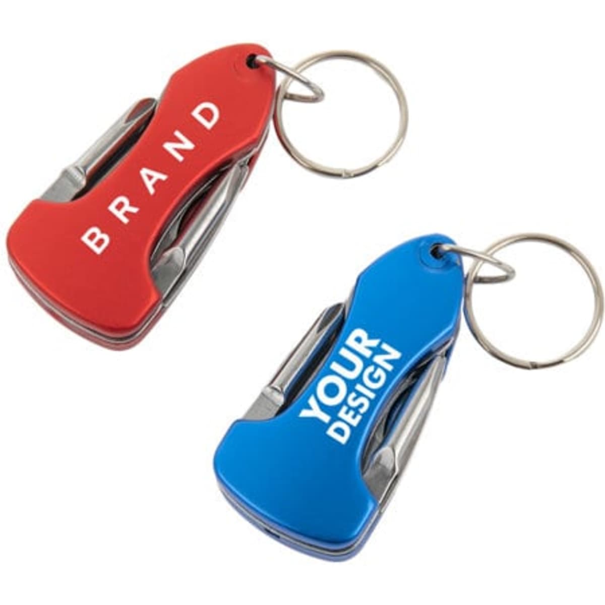 A red and blue mini multi-tool pocket knife with a keyring attachment; features a logo on each side.