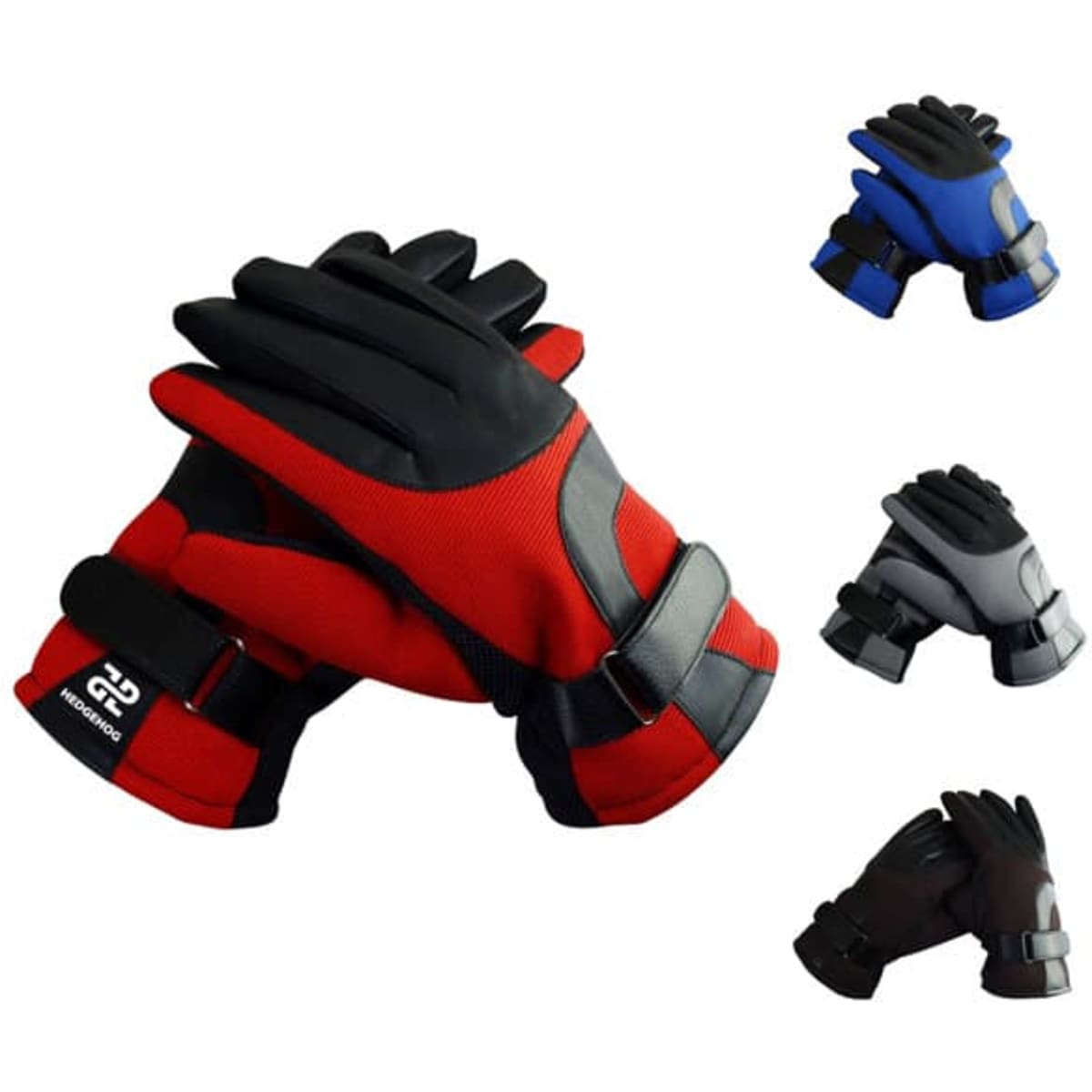 Waterproof ski gloves in red with black accents, alongside blue, grey, and black variations. Gloves feature a logo.