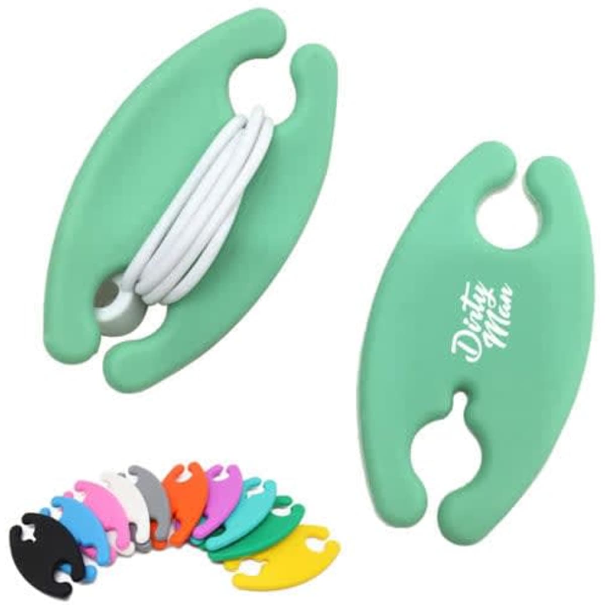 A silicone cord wrap in mint green, alongside a variety of multicoloured options. It features a logo on one side.