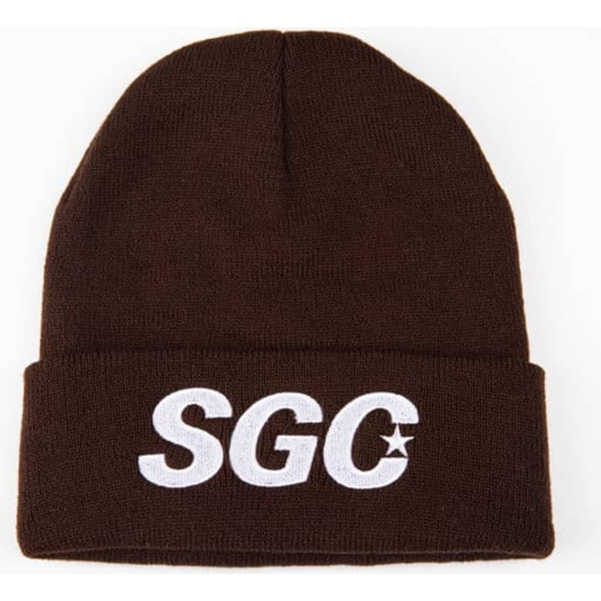 A brown knit cuffed beanie with an embroidered logo, featuring a fold-up cuff design.
