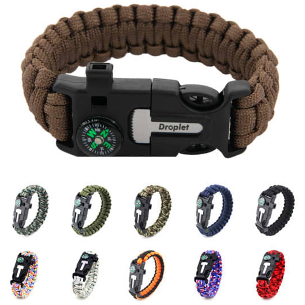 A collection of multifunctional outdoor paracord survival bracelets in various colours, featuring a compass and clip closure.