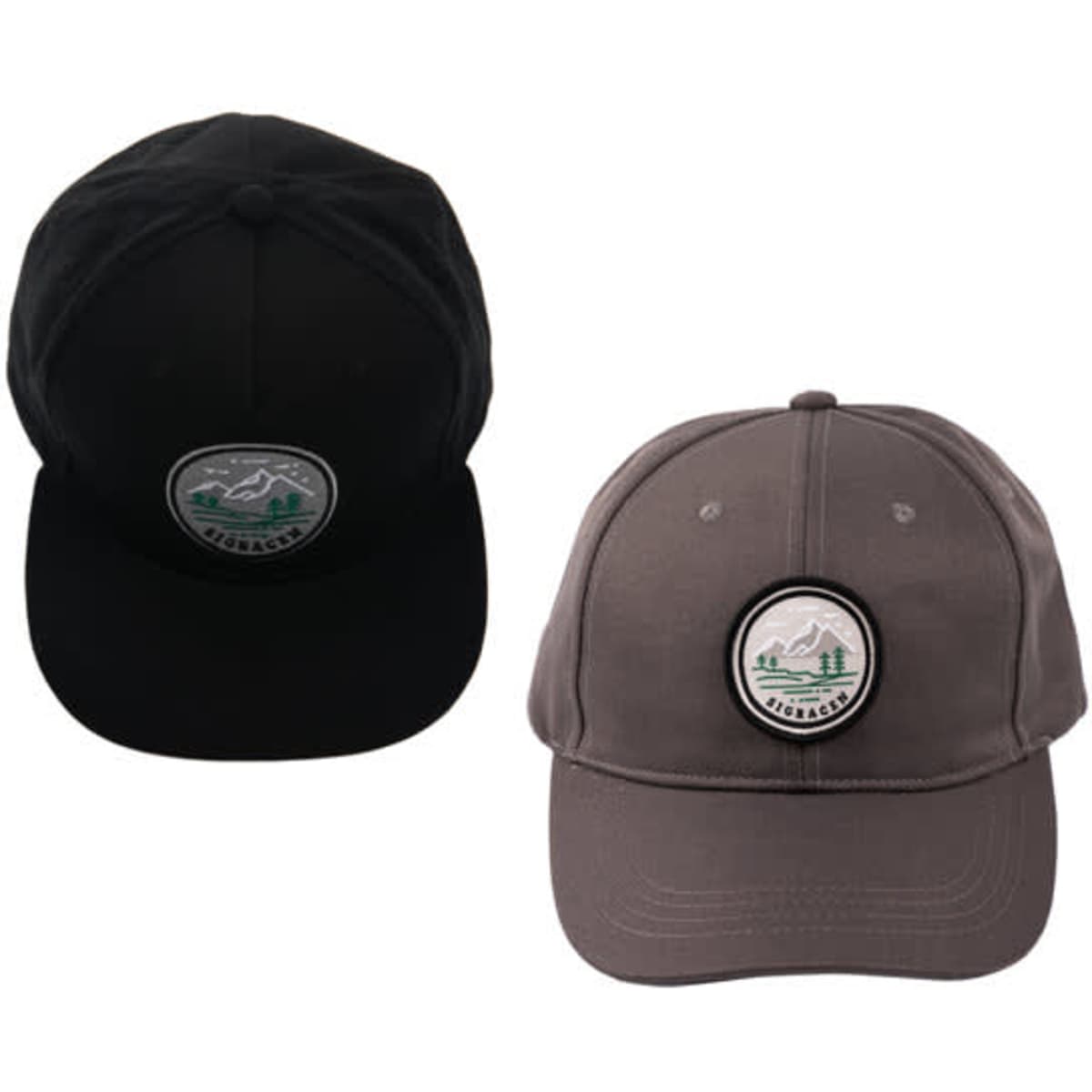 Two baseball caps are displayed, one black and one grey, each featuring a circular logo on the front.