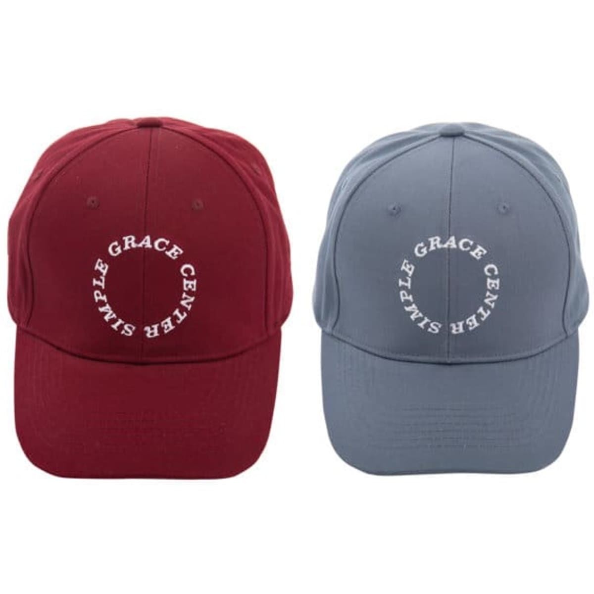 A promotional cotton baseball cap available in burgundy and grey, featuring a logo on the front.