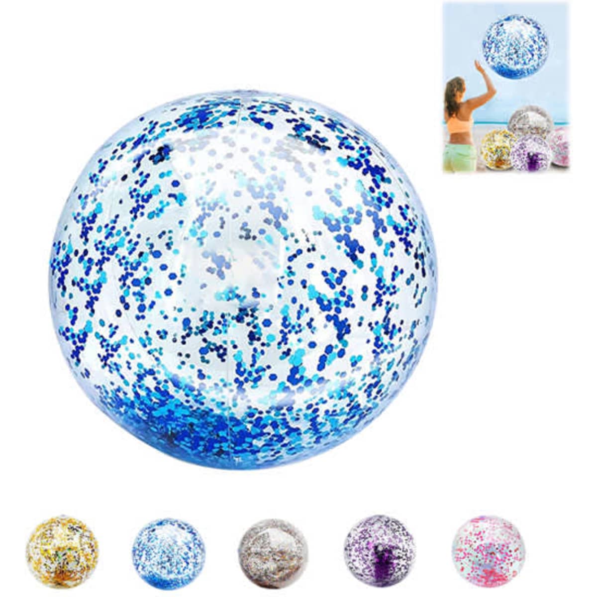 An inflatable beach ball with blue glitter, surrounded by smaller images of various glitter colour options.