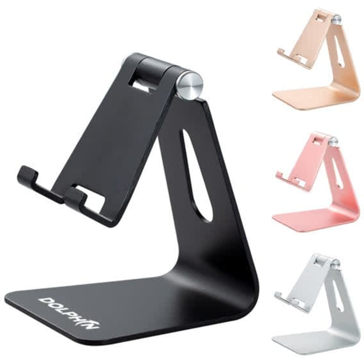 An adjustable aluminum phone and tablet stand in black, with options in rose gold, silver, and pink. It features a logo.