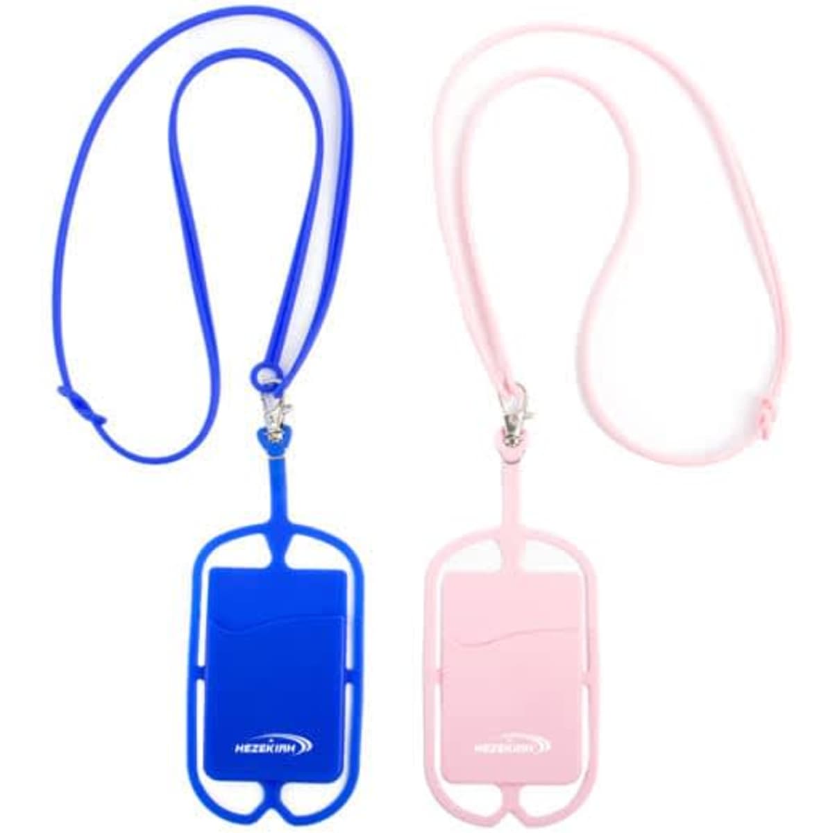 A blue and pink silicone lanyard with card holders, featuring a logo on each holder.