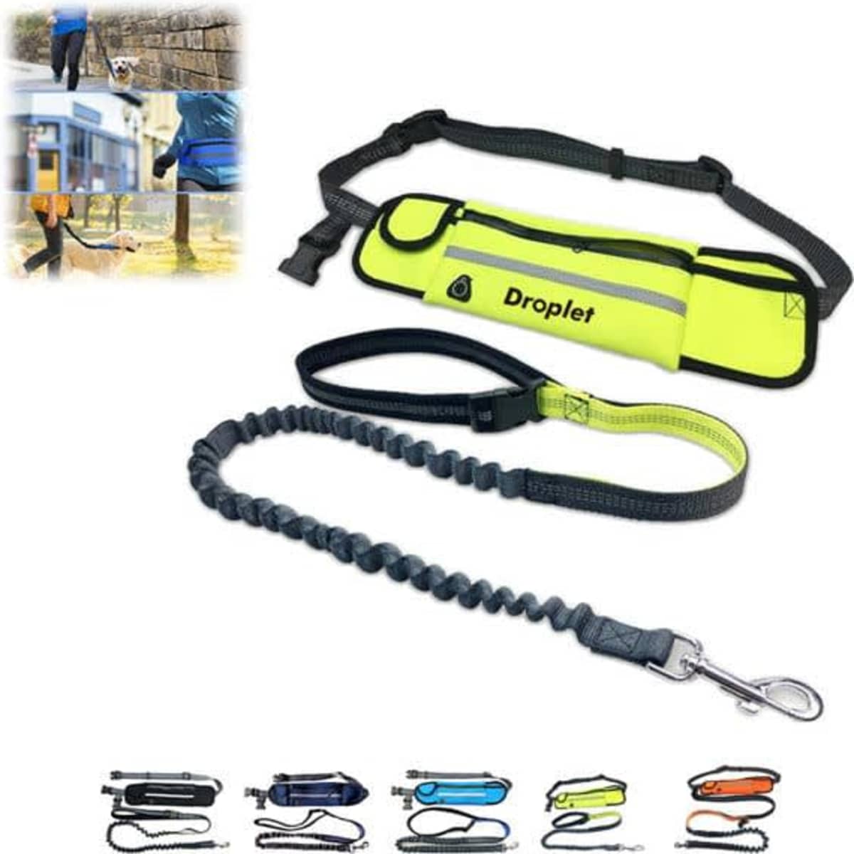 A hands-free dog leash in yellow and grey with an adjustable pouch and bungee-style lead. Includes a logo.