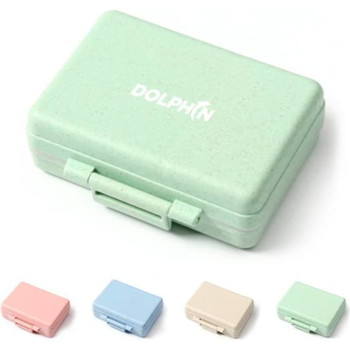A green custom pill case made from wheat straw, featuring a logo, with options in pink, blue, and beige.