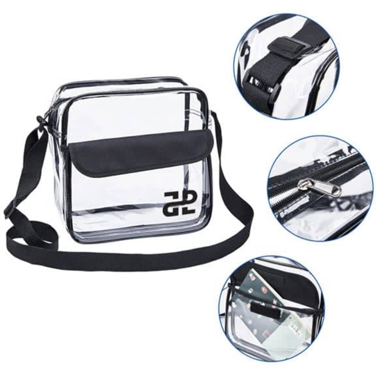 A clear shoulder bag with black accents, featuring a zip closure and adjustable strap. Includes a logo on the front.