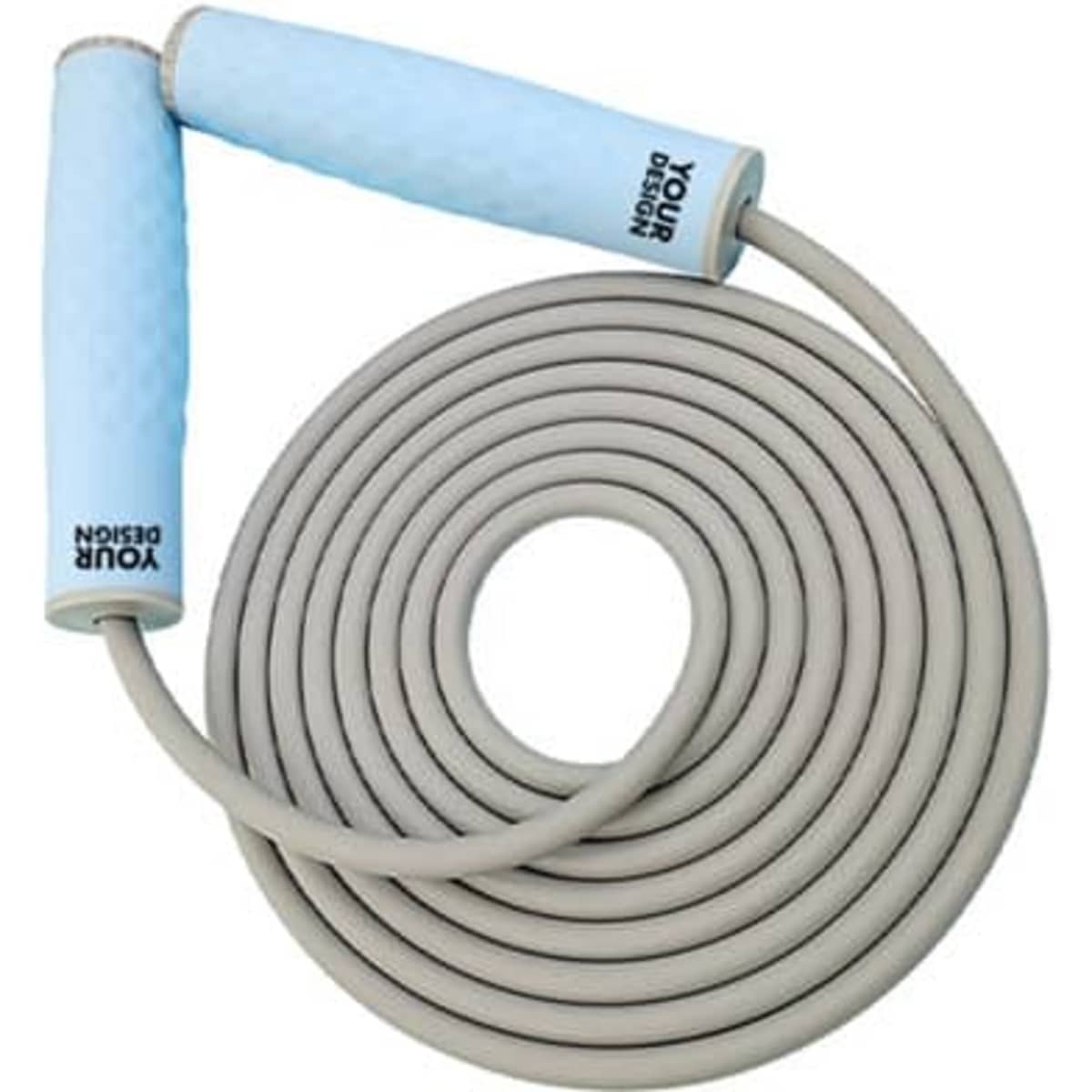 A silicone jump rope with light blue handles and a grey rope, featuring a branding logo on the handle.