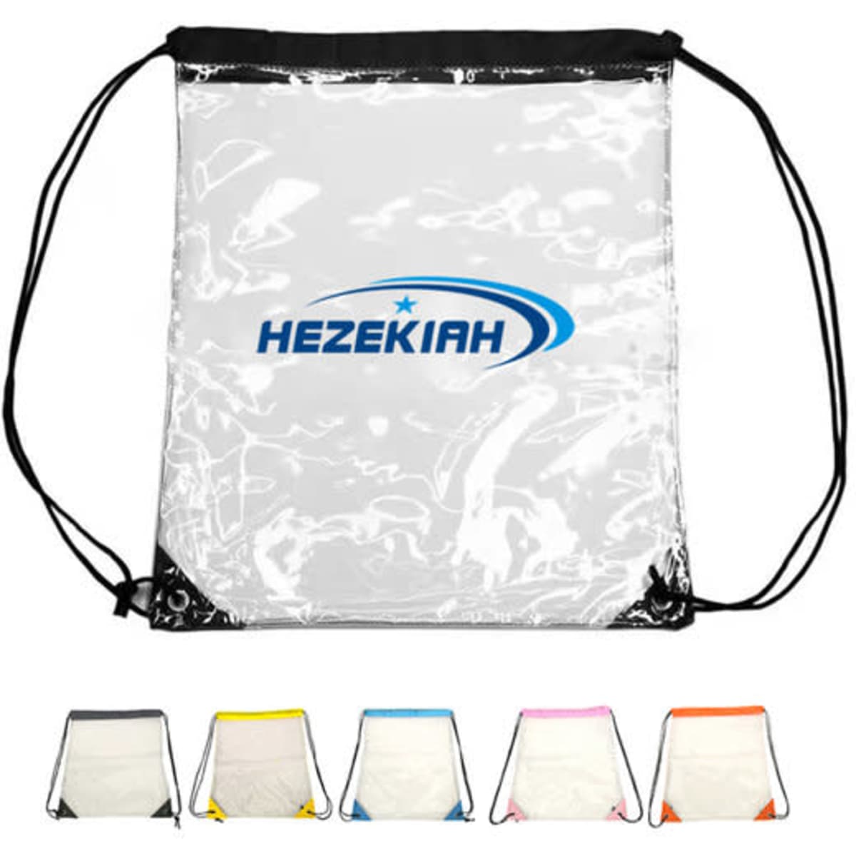 A clear waterproof drawstring bag with a black top and five colour options at the bottom. It features a logo.