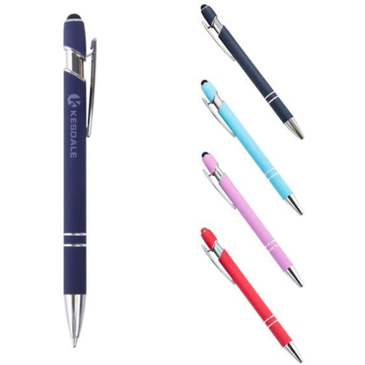 A 2 in 1 touch screen stylus pen in navy, with three additional stylus pens in light blue, pink, and red.