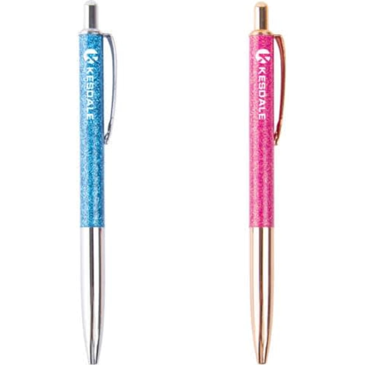 A set of two retractable glitter pens, one in blue and one in pink, featuring a metal finish and a logo.