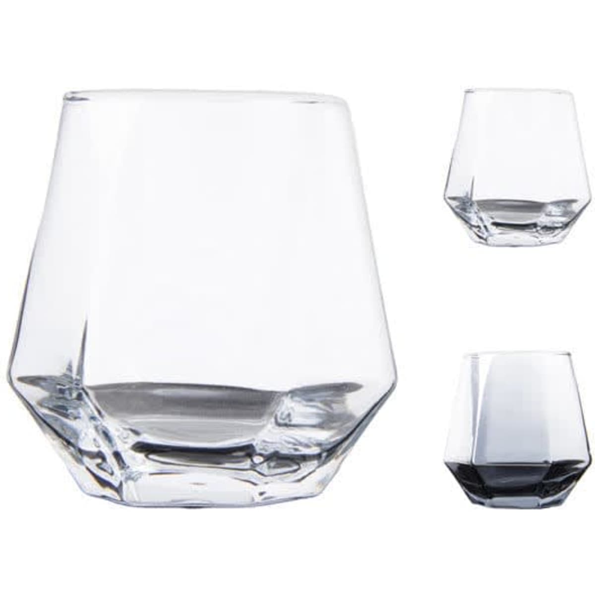 A hexagonal geometric drinking glass in clear glass, showcasing a modern shape and design.