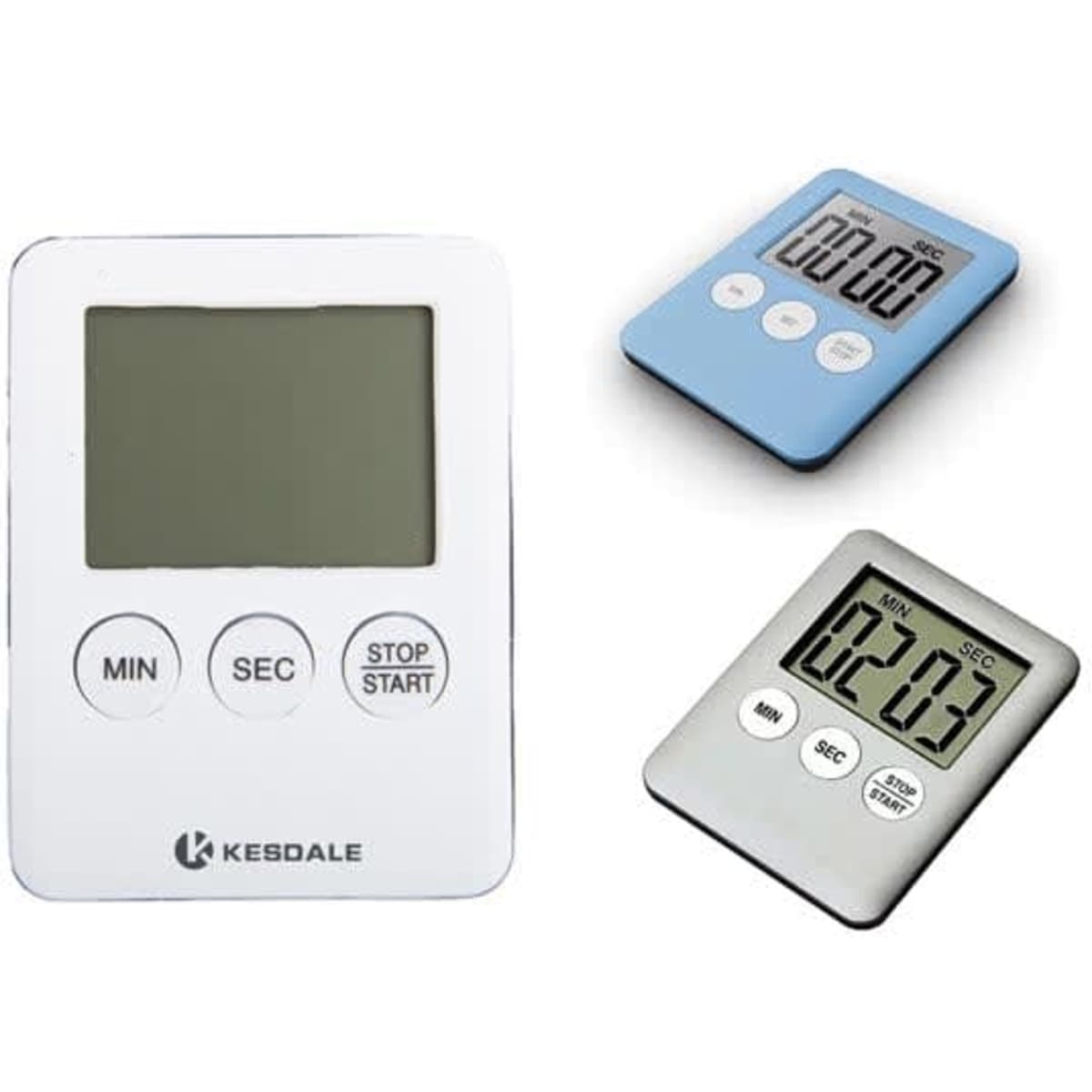 A portable digital kitchen timer in white and blue, featuring a large display and buttons for minutes and seconds.