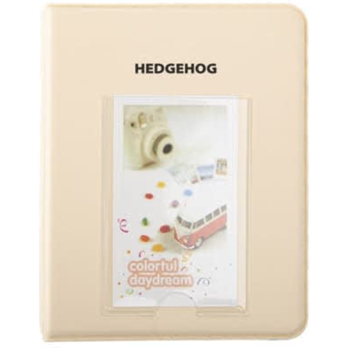 A cream-coloured mini photo album with a simple design and a photo slot on the front, featuring a logo.