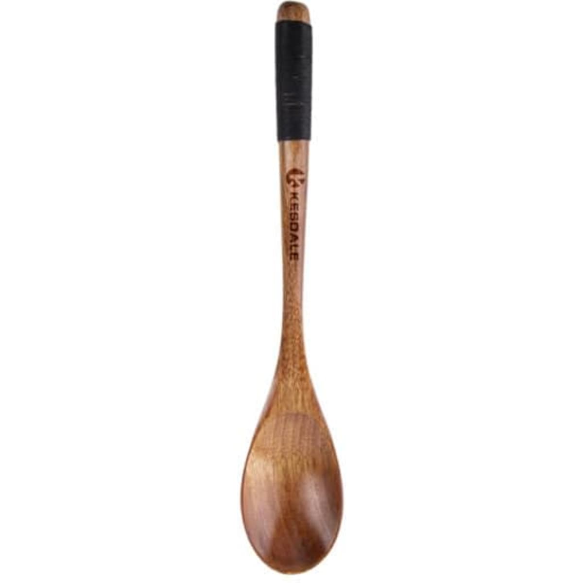 A wooden curved handle spoon featuring a black grip and branding on the handle, showcasing warm wood tones.