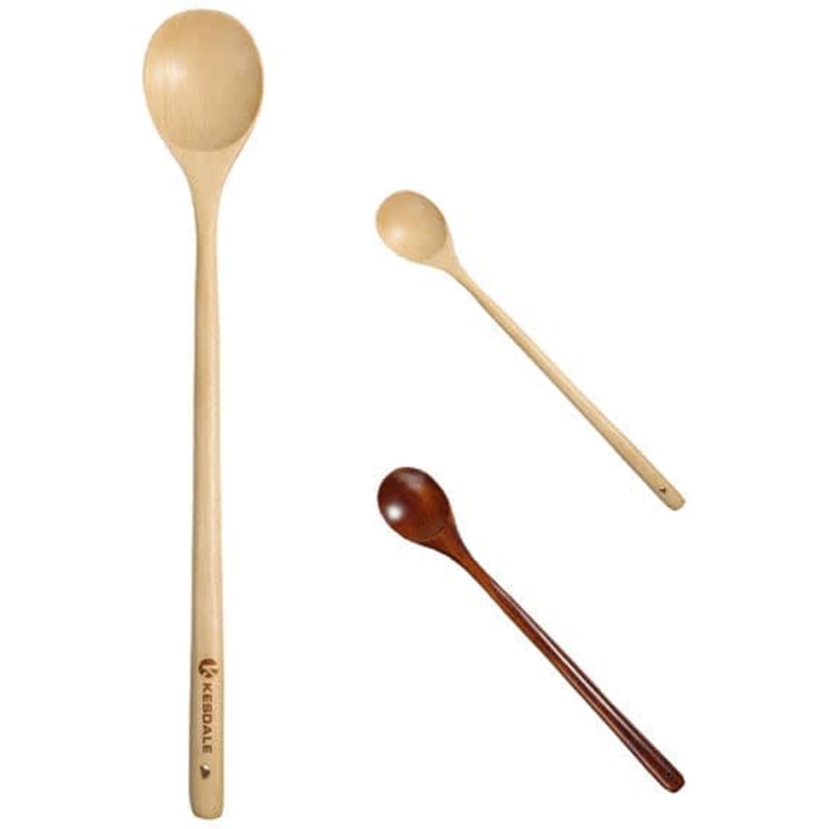 Three wooden spoons of varying sizes, featuring light and dark wood finishes, with one branded logo.