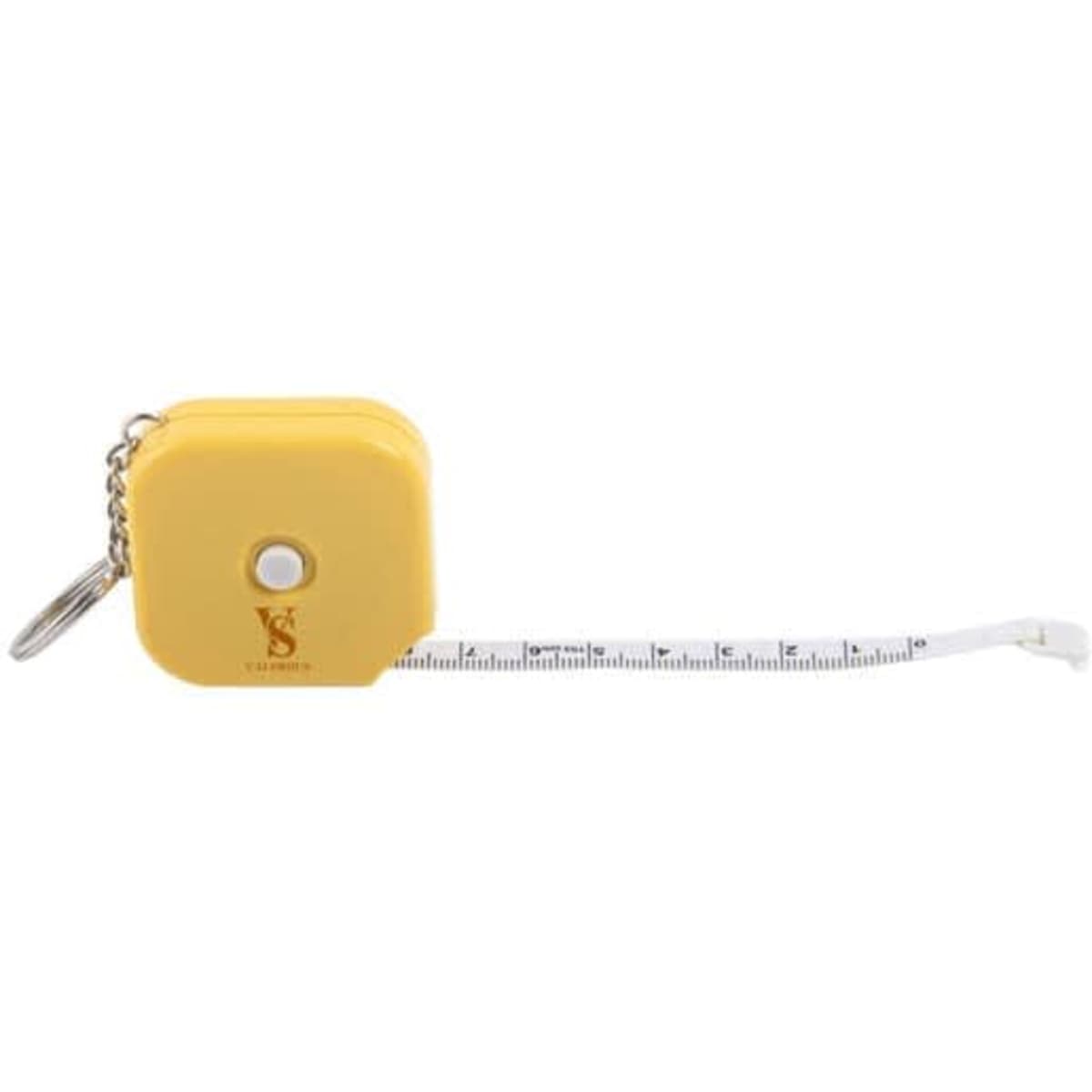 A compact yellow square tape measure on a keyring, with a retractable white measuring tape.