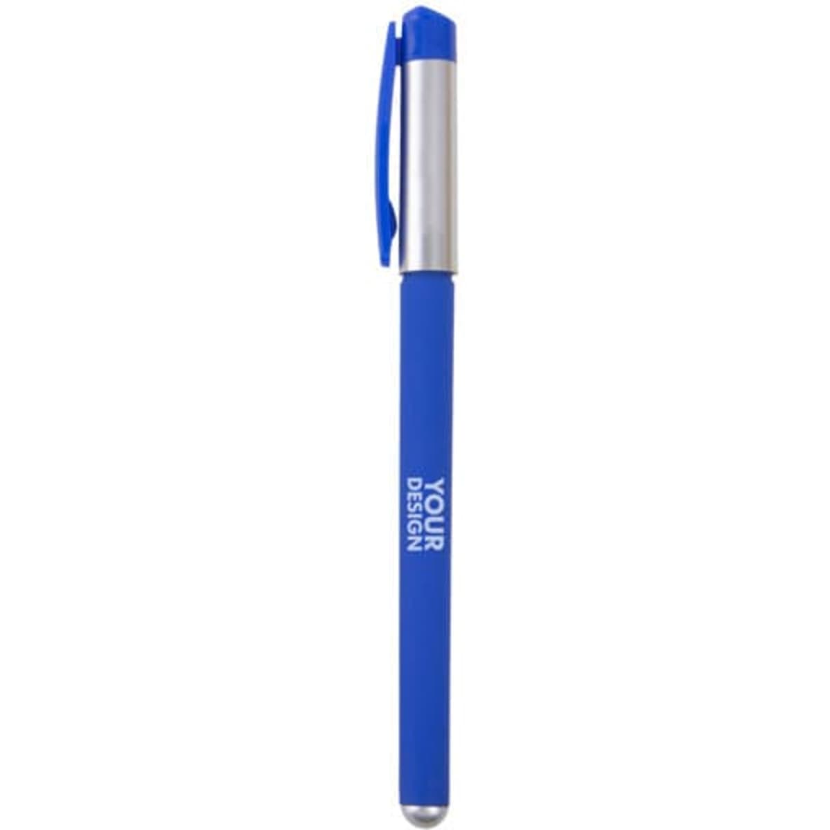 A blue plastic pen with a rubber-coated soft touch grip and a silver clip, featuring a logo.