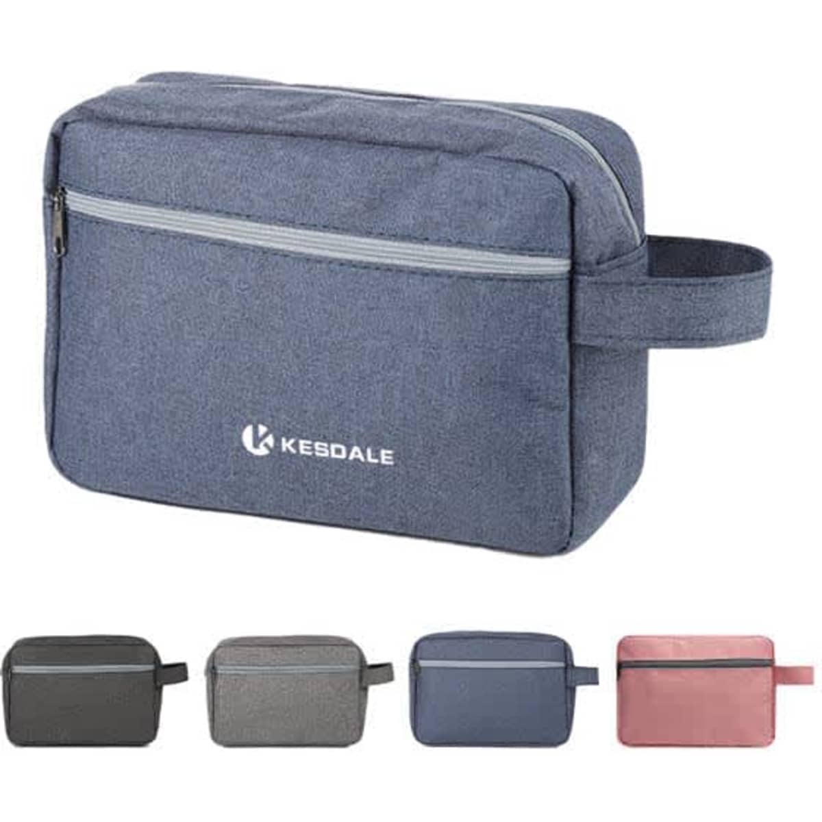 A grey waterproof toiletry shaving bag with a handle and a front zip pocket, featuring branding.