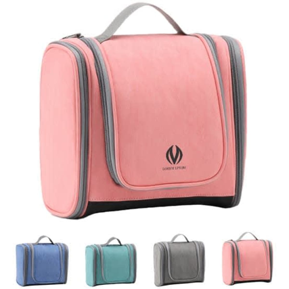 An extra large hanging travel toiletry organiser bag in pink, with grey accents and a logo on the front. Available in other colours.