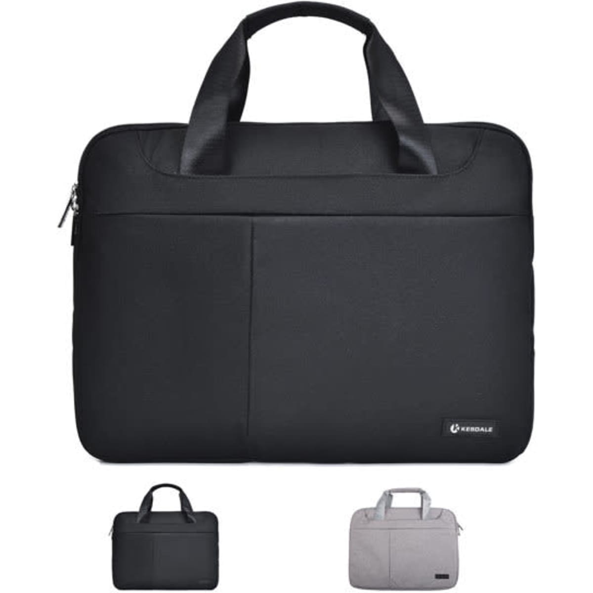 A laptop case in black with a sturdy handle and a front pocket, featuring a logo. Also shown in grey.