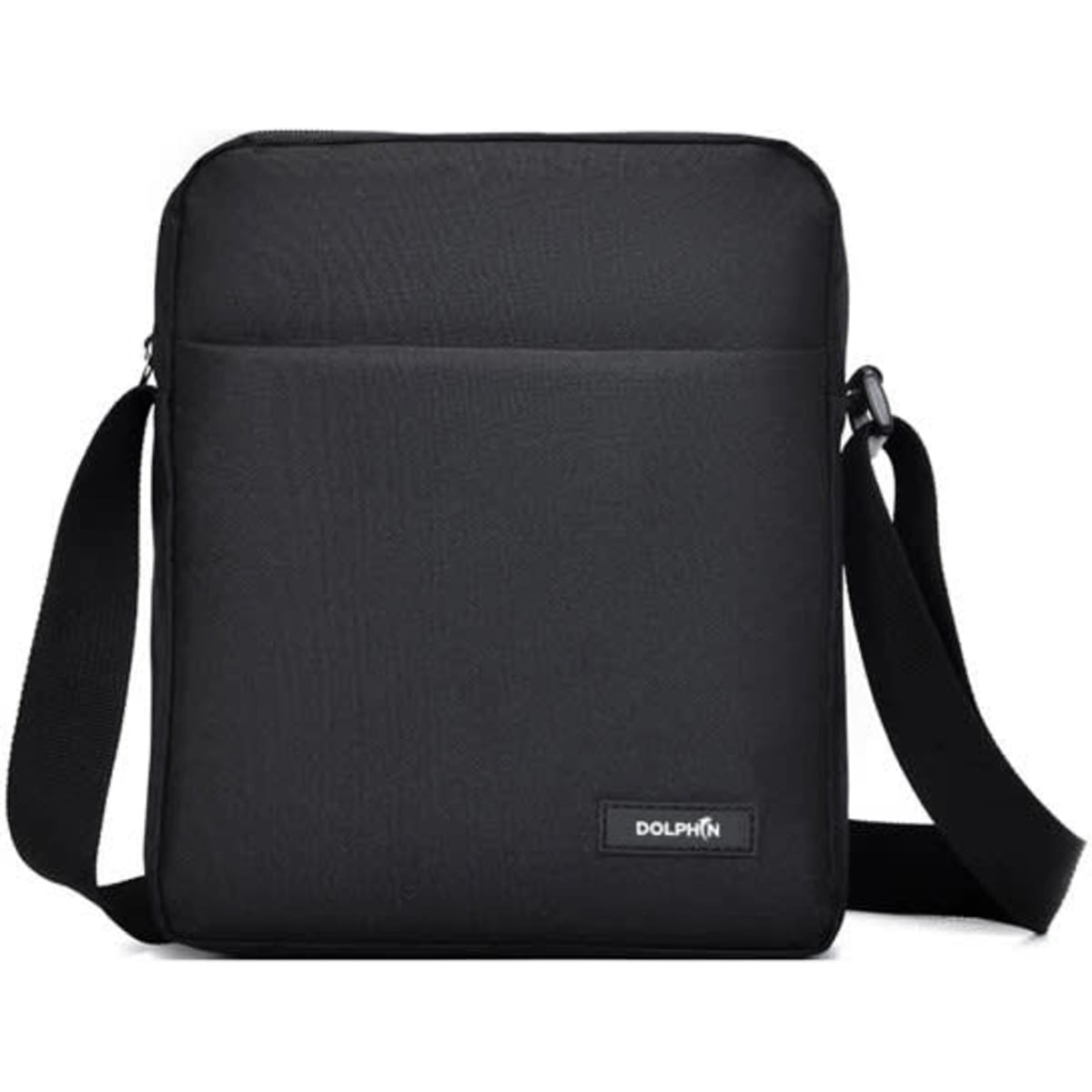 A black men’s crossbody bag with a simple design, featuring a shoulder strap and a front pocket. It includes branding.