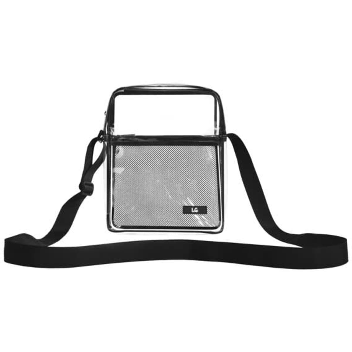 A clear messenger bag with a black strap and a mesh compartment, featuring a logo on the front.