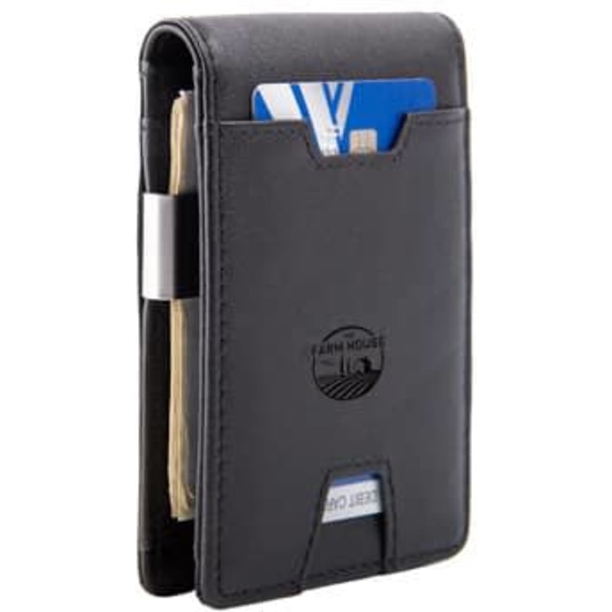 A black leather wallet with a cash clip and card slots, featuring a logo on the front.