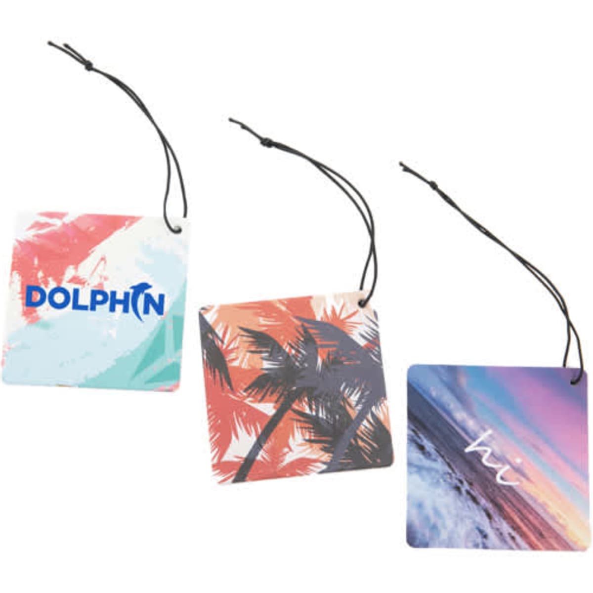 Three square hanging aromatherapy paper car fresheners featuring various designs and colours, each with a black string attachment.